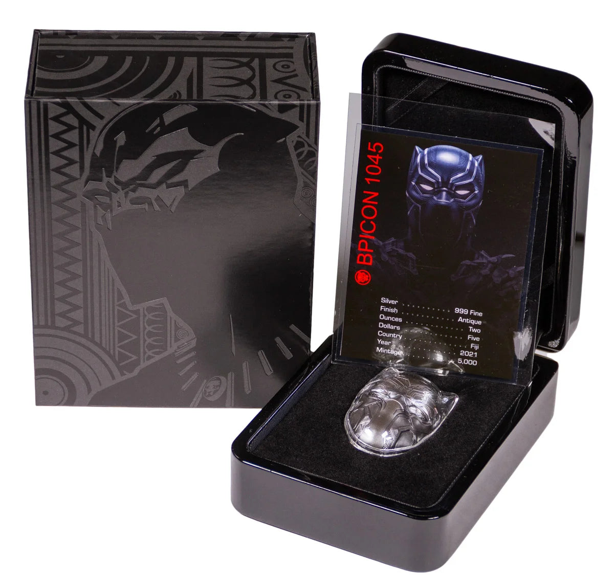 2021 FIJI MARVEL SERIES – BLACK PANTHER MASK SHAPED 2 OZ SILVER ANTIQUED $5 COIN GEM BU