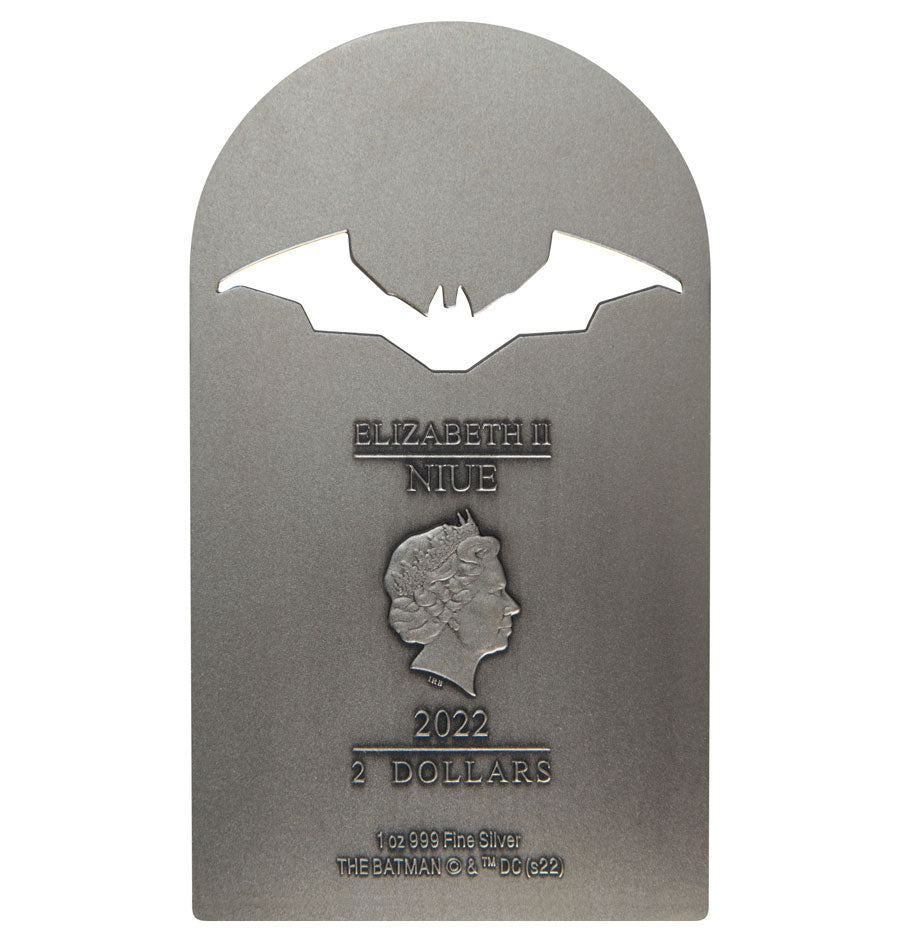 2022 NIUE DC COMICS – BATMAN -” I AM THE SHADOWS” 1 OZ SILVER ANTIQUED $2 COIN